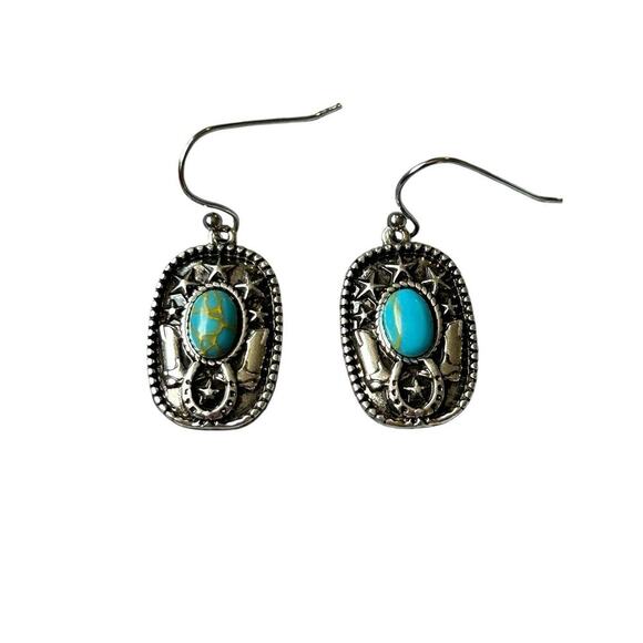 Montana Silversmiths Cowgirl Turquoise Star Boot Rectangle Dangle Earrings - Picture 1 of 7